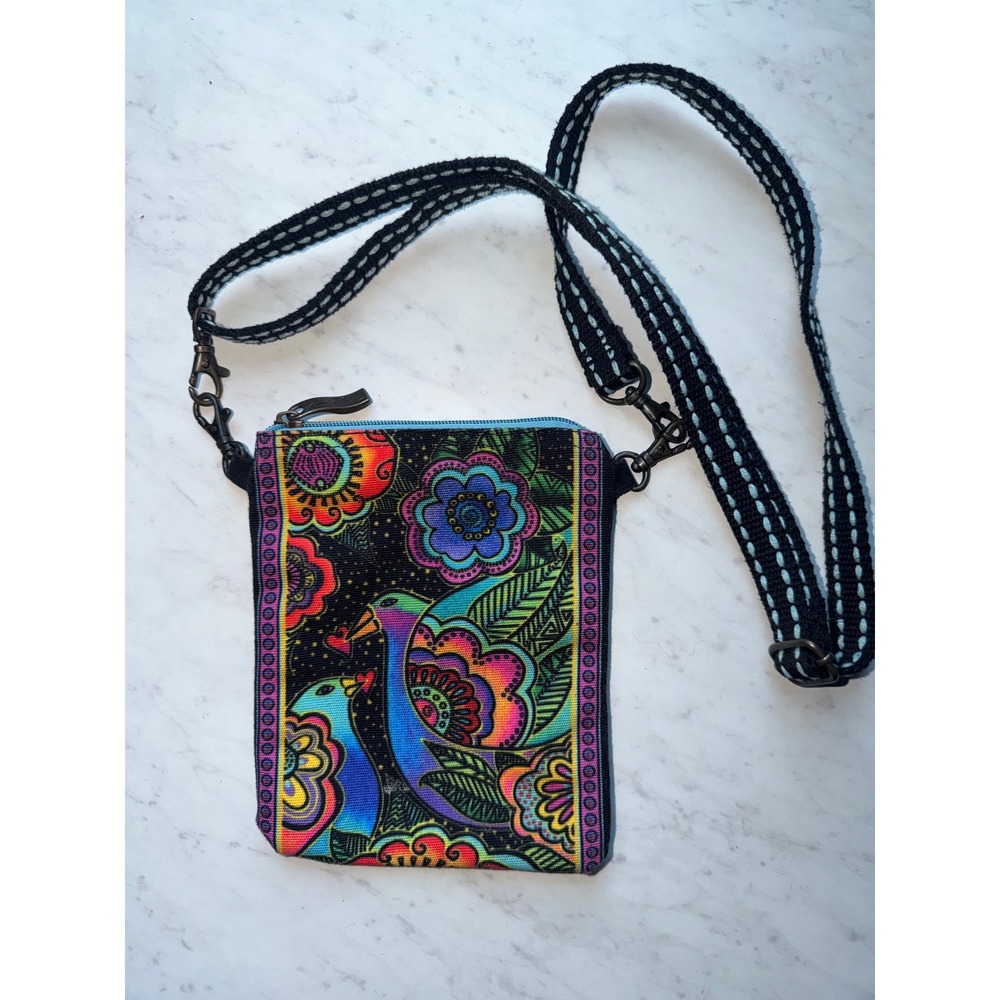 Laurel Burch Crossbody Bag Small Multi Color Peacock Boho Hippie Canvas